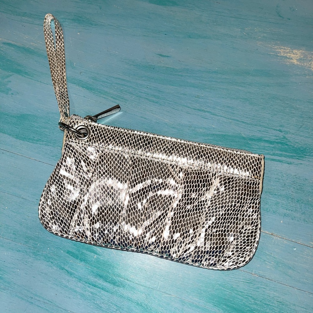 Express metallic faux snake silver wristlet clutch